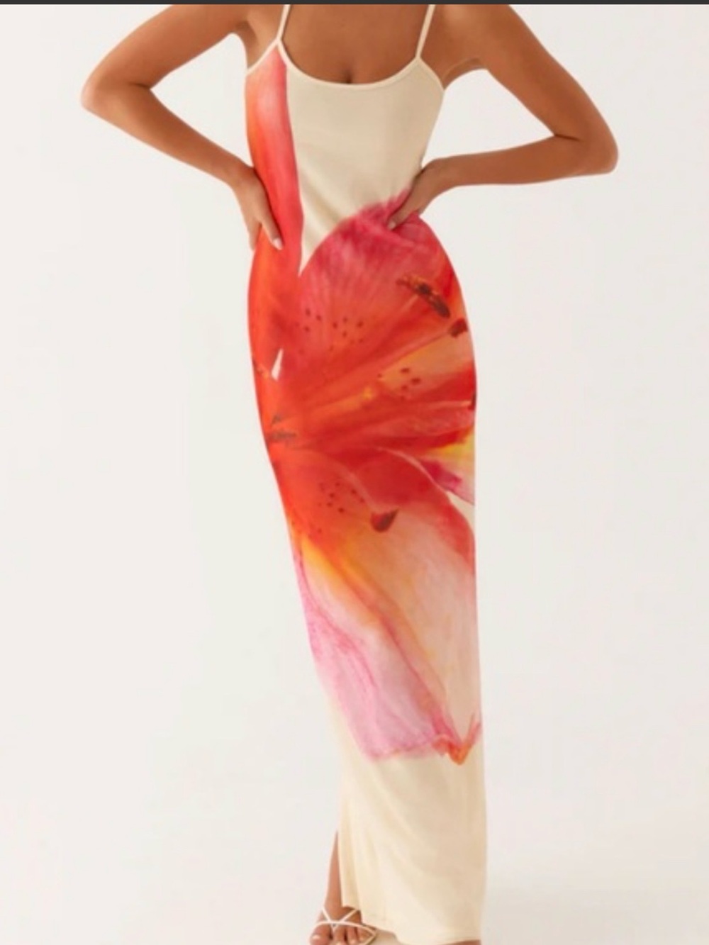 Floral Slip Maxi Dress in Cream and Coral Pink